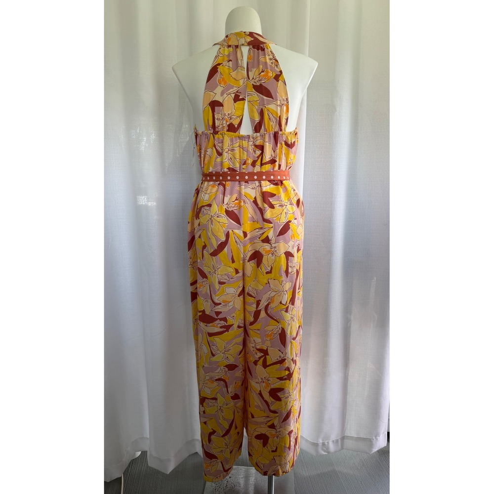 Nine West Womens Floral Halter Jumpsuit Size L Yellow Pink Wide Leg - Picture 5 of 10